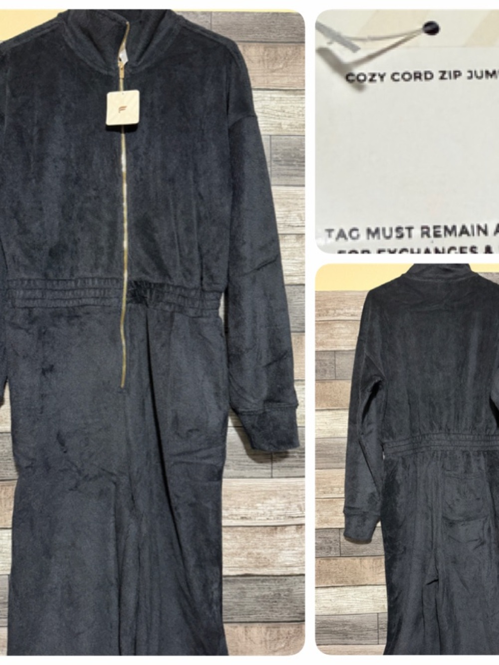 Fabletics Cozy Cord Zip Jumpsuit One Piece Black Velour Women’s L (Inseam 28)